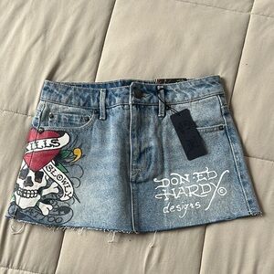Ed Hardy Denim Mini Skirt with Skull and Heart Design